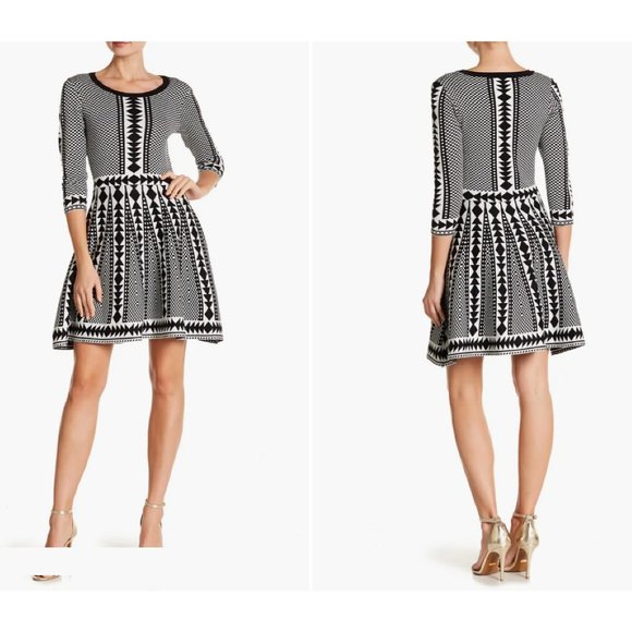 Nina Leonard Black White Geometric Print Sweater Dress NWT Size Large - Picture 3 of 9